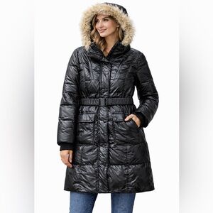 Atelier Noir by RUDSAK Black Belted Puffer Coat with Fur Trim Sz XXL
